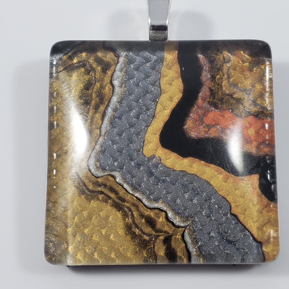 Handmade Abstract Art Pendant • Leather Base • Glass Cabochon Necklace - Picture 7 of 9